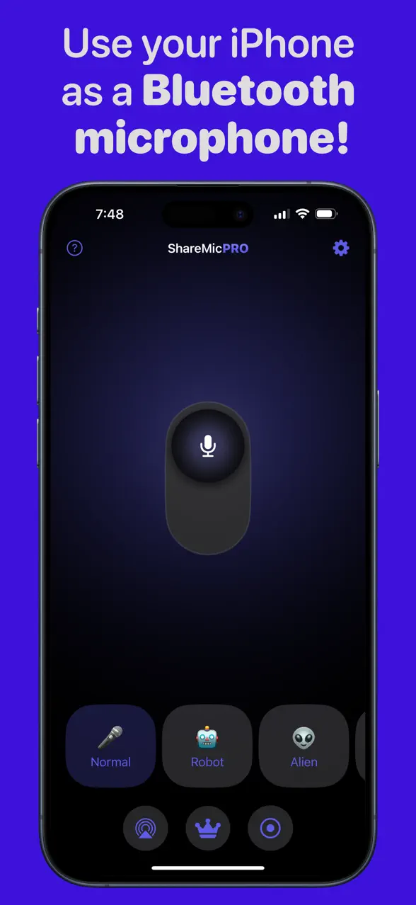ShareMic app showing the live microphone button on iPhone